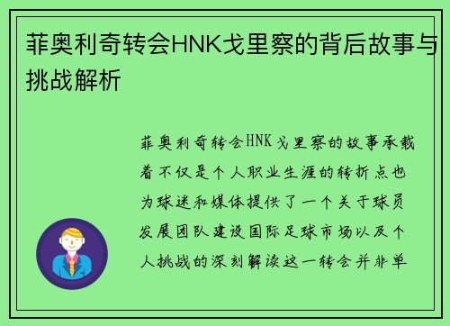 菲奥利奇转会HNK戈里察的背后故事与挑战解析